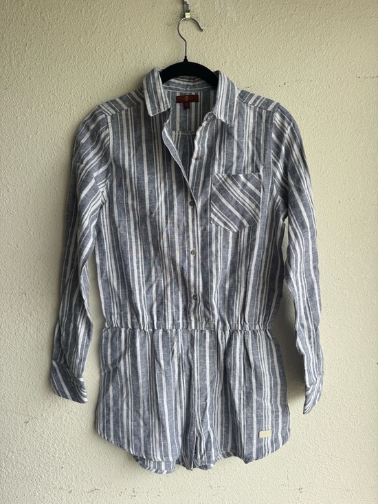 7 For All Mankind Other - 7 for all Mankind Girls Striped Button-Front Linen Blend Romper Blue White